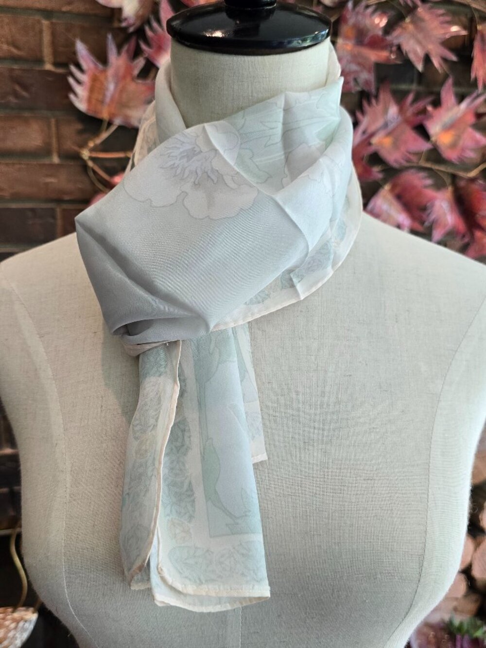 Vintage Sheer Silk Scarf - Ivory & Soft Grey Floral Print